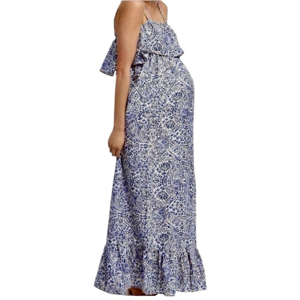 MOTHERHOOD Spaghetti Strap Blue Maxi Paisley Dress with Ruffle  Size: M